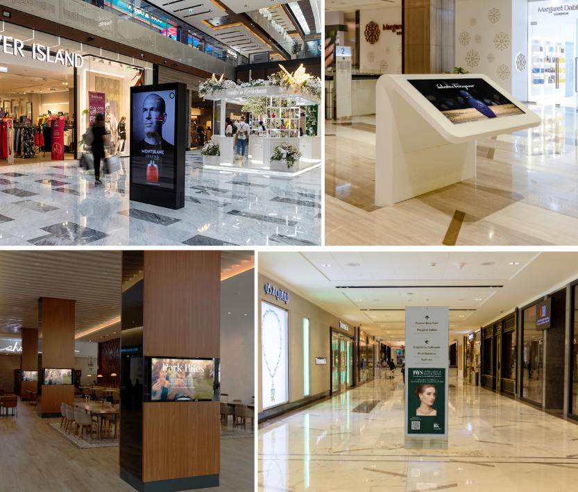 Galleria Mall Al Maryah Island digital screen formats · walkway large-format, interactive touch unit, dining terrace screens and portrait directory screen